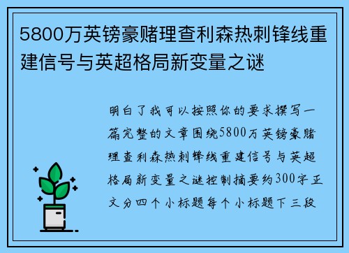 5800万英镑豪赌理查利森热刺锋线重建信号与英超格局新变量之谜