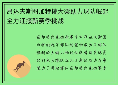 昂达夫斯图加特挑大梁助力球队崛起全力迎接新赛季挑战